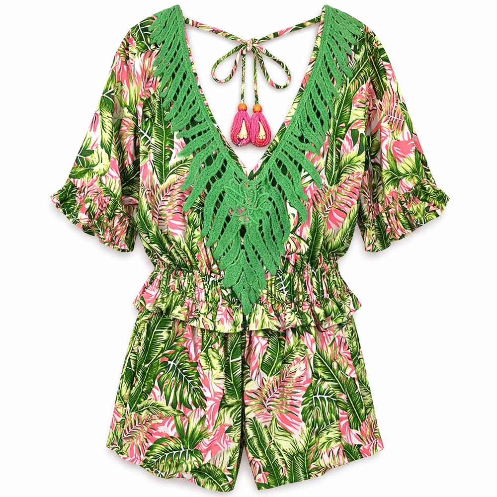 Free People Gipsy Queen‎ Tropical Crochet Romper Boho Festival Resort NWT- S/M